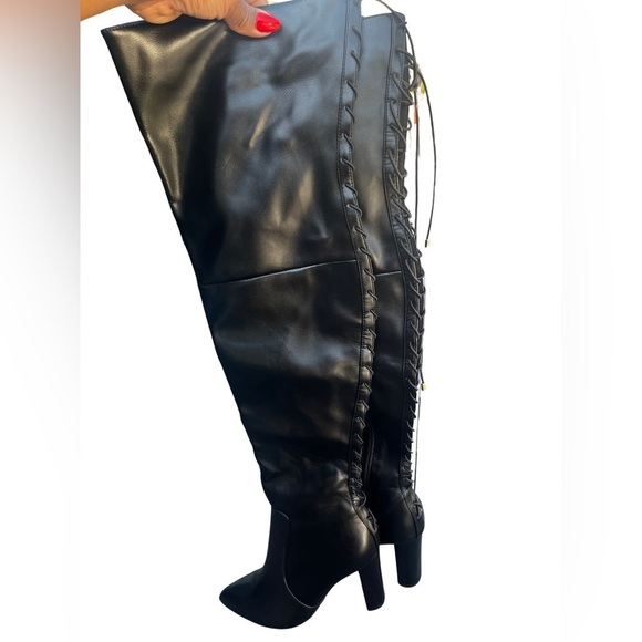 KURT Geiger Pointed Toe Knee High Lace-Up Black Leather High Block Heeled Boots - Picture 10 of 16